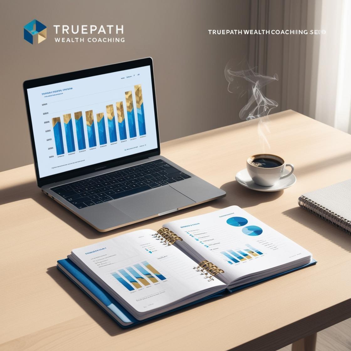 Professional workspace with financial charts, budget planning, and a laptop, symbolizing financial coaching and wealth management.