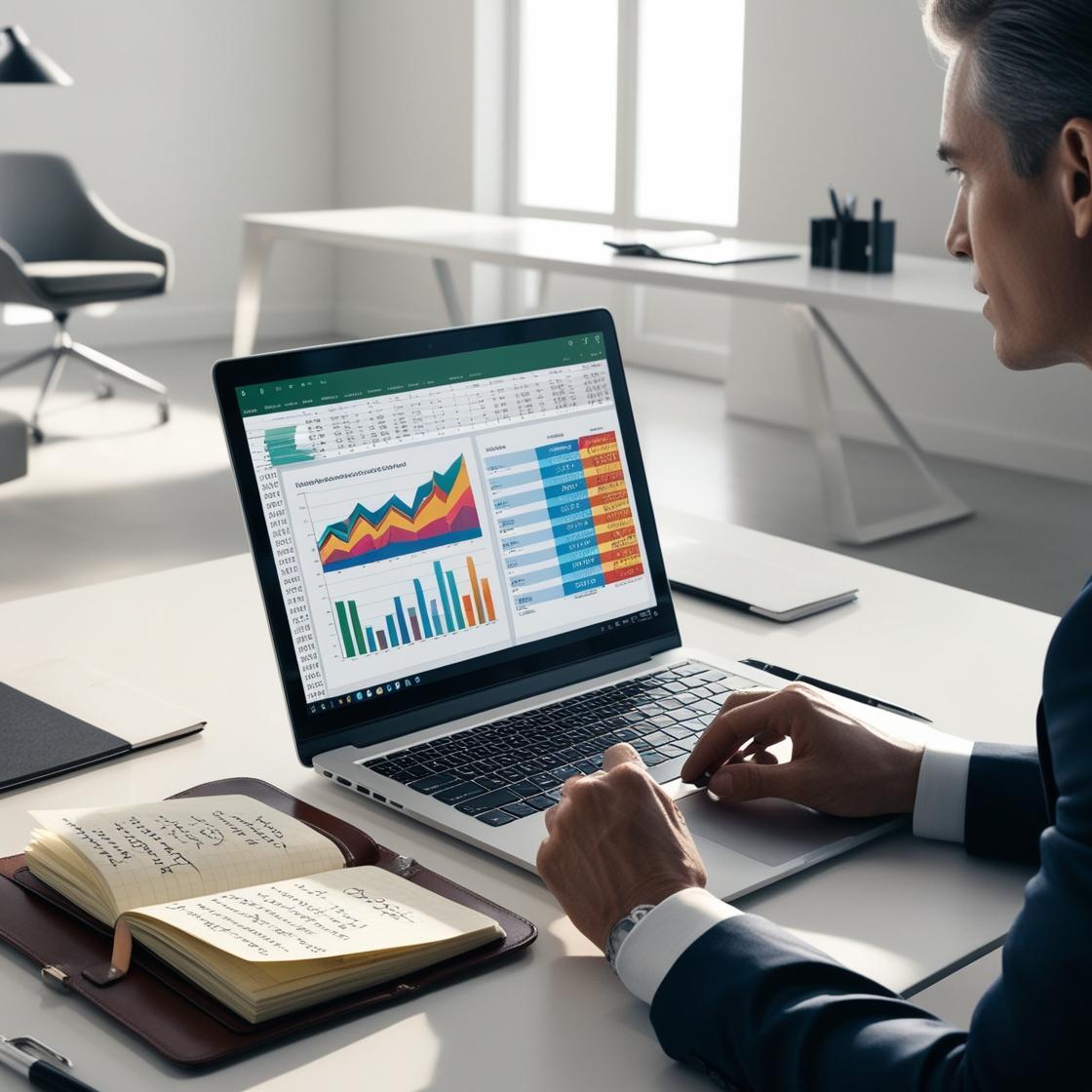 A focused individual sitting in a professional workspace, engaged in a deep financial analysis session. The laptop screen displays complex financial reports and projections, while a notebook contains detailed notes and calculations. The setting is modern and sophisticated, emphasizing a high-level financial strategy session. The overall tone is serious yet empowering, representing an in-depth, results-driven financial consultation.