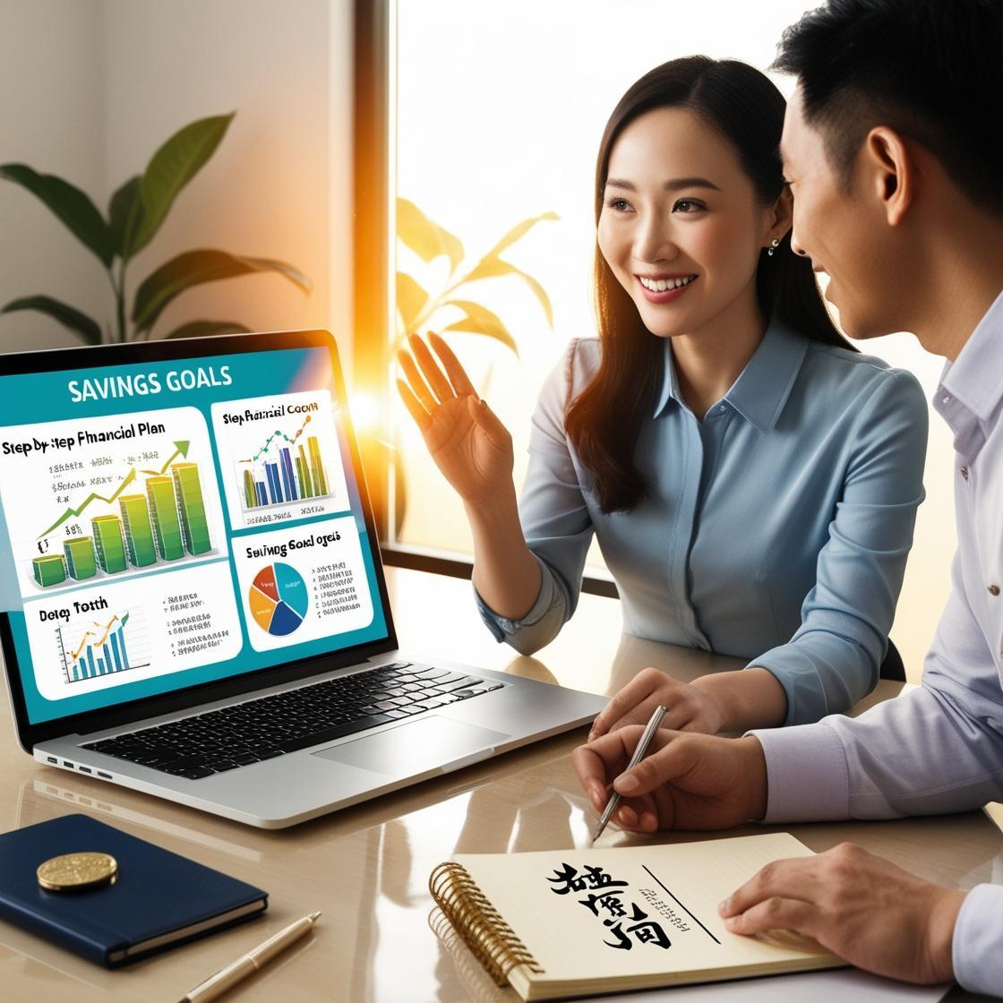 A financial coach guiding a client through a step-by-step plan on a laptop screen, with charts and financial graphs displayed. The setting conveys progress and growth, with a neatly organized desk featuring a notebook with ‘Savings Goals’ written on it. A client is engaged in learning, symbolizing financial progress and structured coaching support. Warm lighting enhances the theme of moving forward toward financial success.