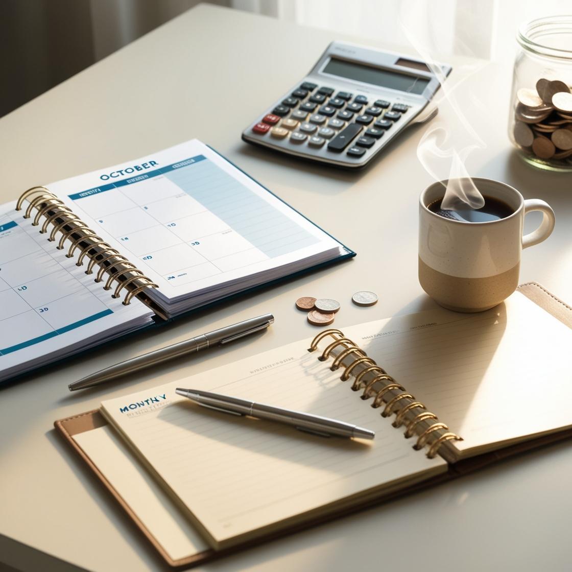 A well-organized desk with a neatly arranged monthly budget planner, a pen, and a cup of coffee. The setting is simple yet motivating, representing the foundation of financial stability. Soft natural lighting adds warmth, while a calculator and a savings jar symbolize the first steps toward better money management. The color scheme features calming blues and neutral tones, reinforcing a sense of financial clarity and control.